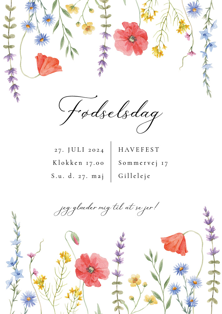 
                Denne invitation er perfekt til din fødselsdagsfejring på en solrig sommerdag. Brug bagsiden af invitationen til flere praktiske oplysninger eller et program over dagen. Til designet kommer også matchende elementer i form af velkomstskilt, salmehæfte, bordoversigt, menukort, bordkort, drinkskort, takkekort mm. således I kan skabe en rød tråd for dagen.                